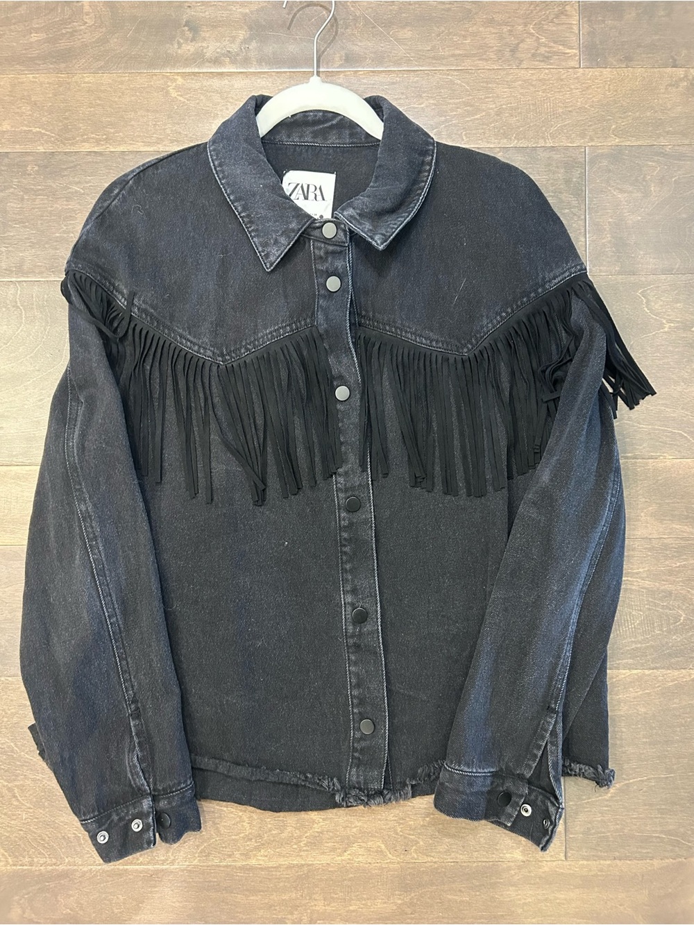 Zara Black Denim Fringe Button-Up Jacket